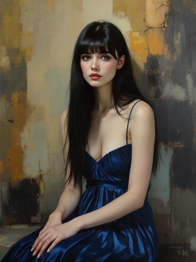 Tonalist Oil Painting of Woman in Blue Dress