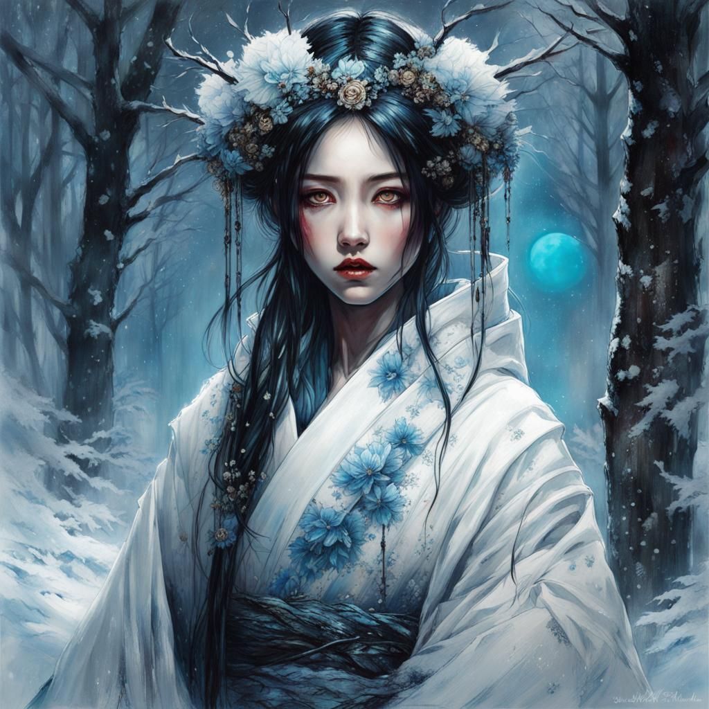 Yuki-onna in Winter Forest: A Detailed Fantasy Art