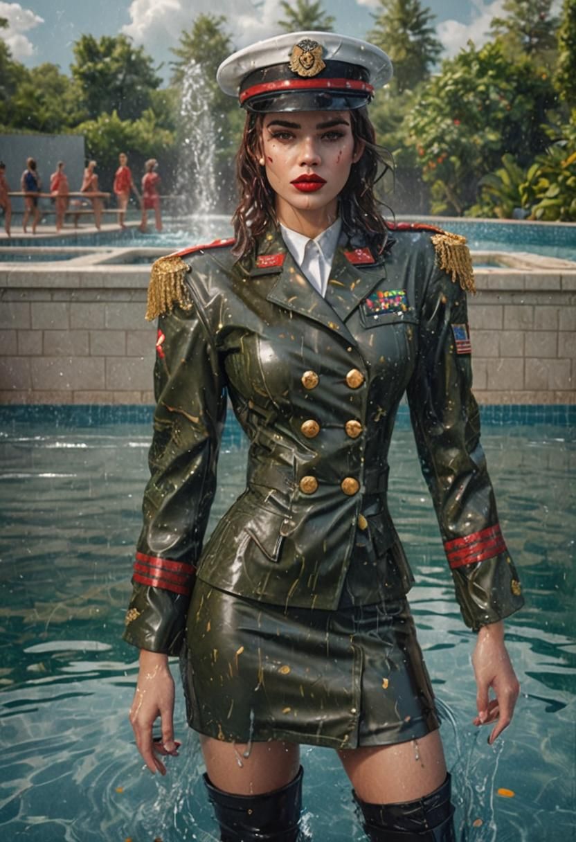 Glamorous Woman in Wet Military Uniform, Photorealistic Art