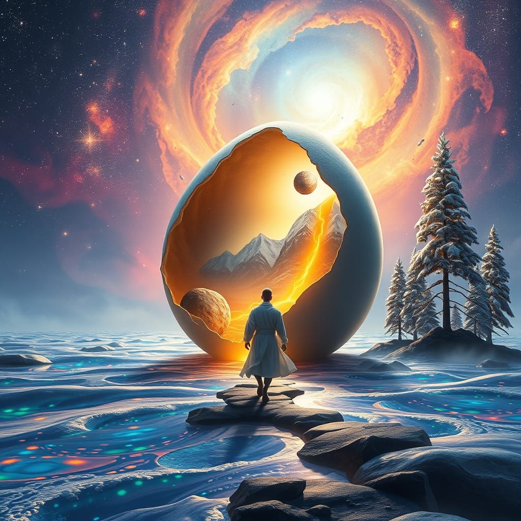 Surreal Cosmic Egg Reveals Vibrant Galaxy and Alien Ocean