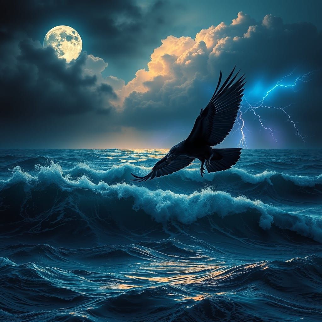 Mystical Raven in Stormy Skies