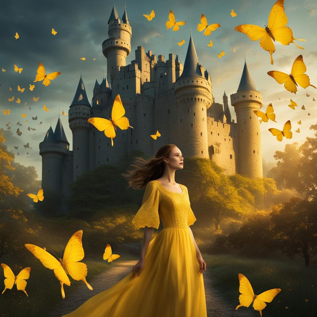 Magical Woman with Butterflies Before Castle