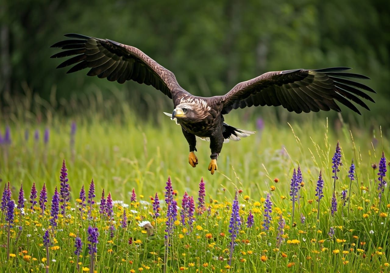 Eagle Hunting Over Meadow in Hyper-Realistic Style