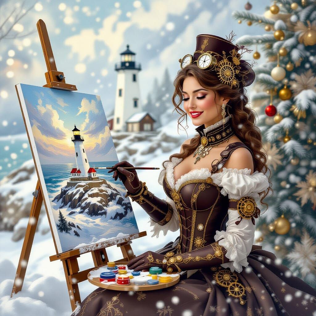 Dreamlike Steampunk Artist Paints Lighthouse in Snowy Maine