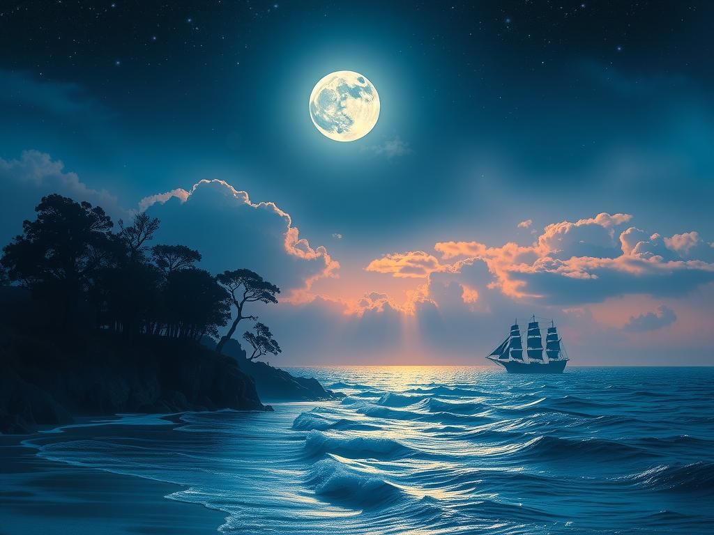 Night Seascape with Shimmering Moon, Detailed Matte Painting