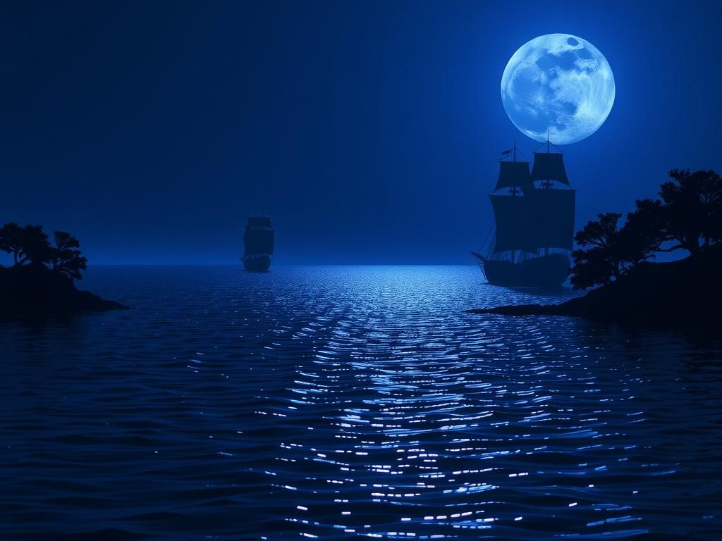 Moonlit Seascape with Majestic Ships in Matte Painting Style