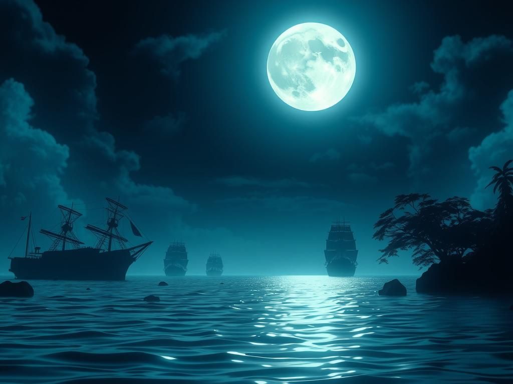 Moonlit Seascape with Silhouetted Ships in Matte Painting St...