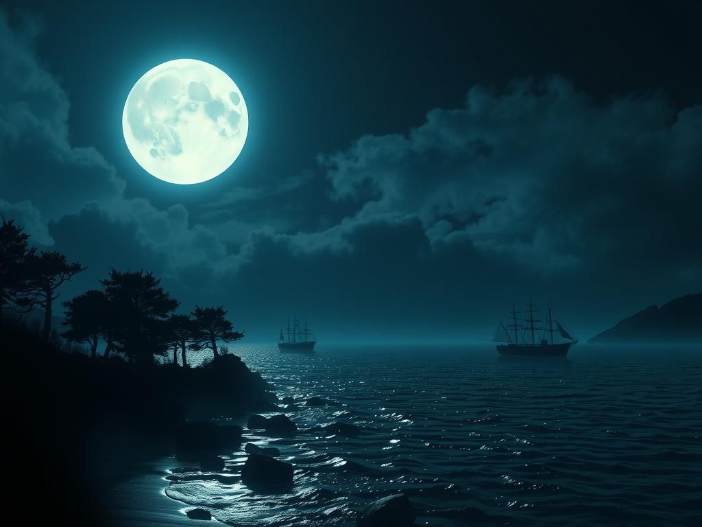 Mystical Nocturnal Seascape with Silhouetted Trees