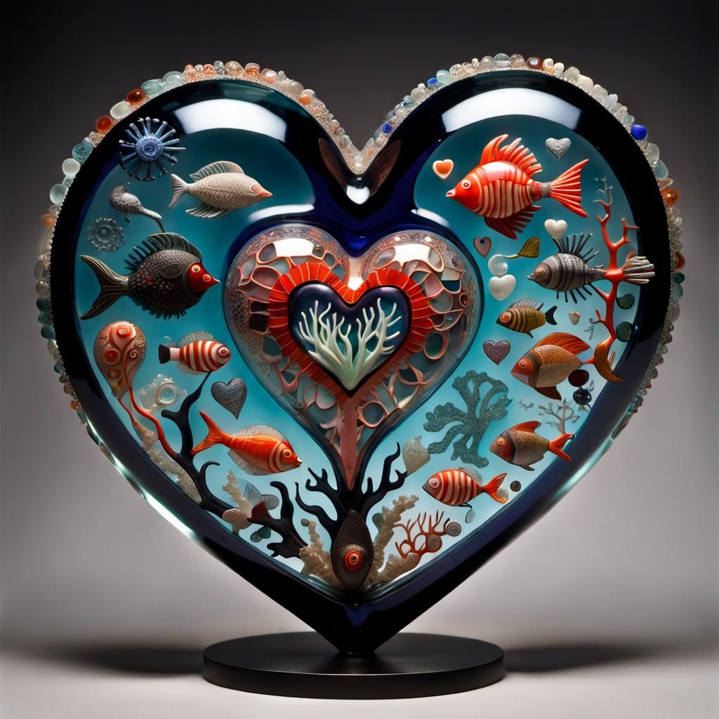 Translucent Glass Heart with Sea Life, Whimsical 3D Art