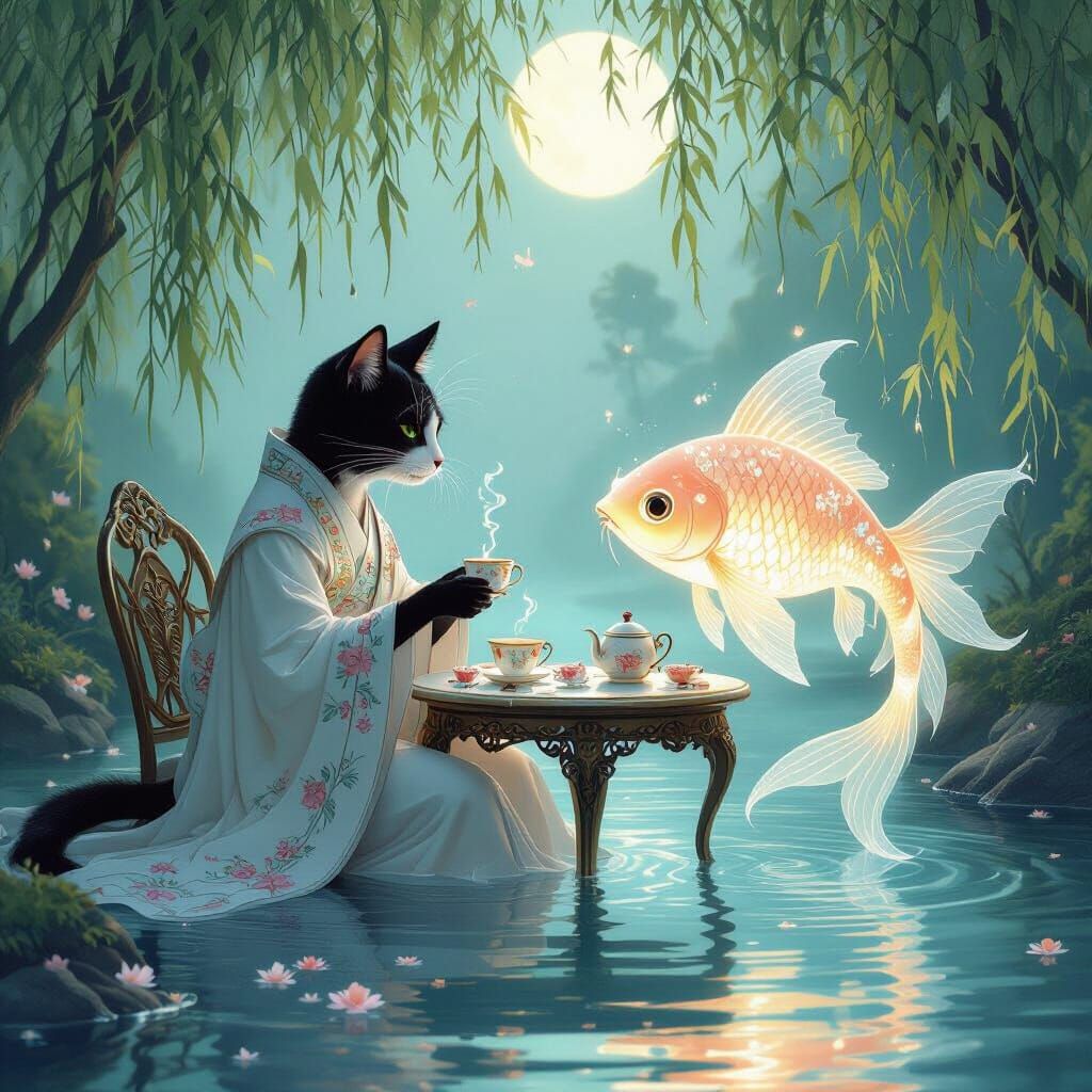 Anthropomorphic Cat and Spirit Having Tea in Dreamy Landscap...