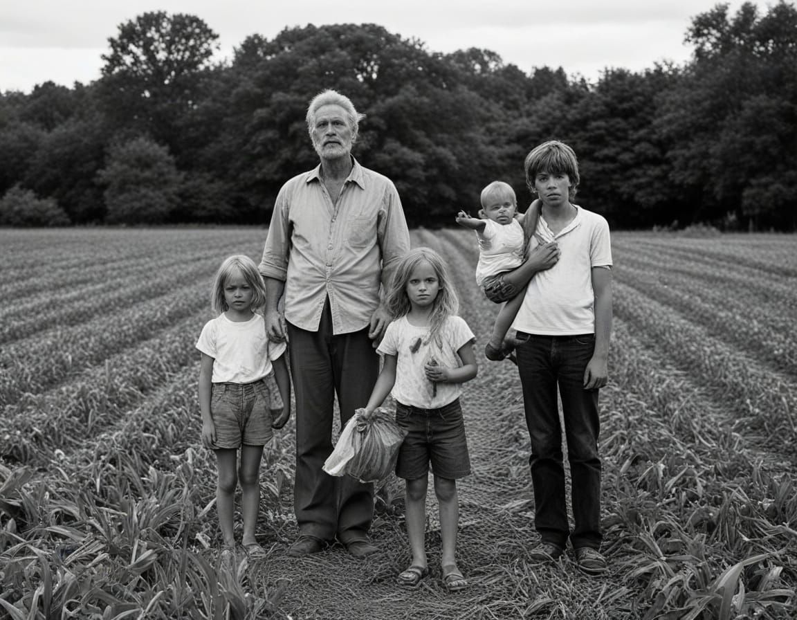 Man with Children in Field, Digital Art