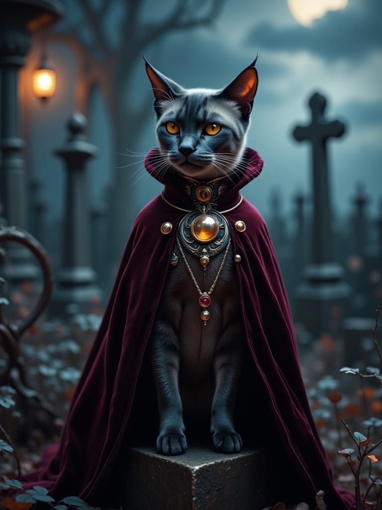 Regal Siamese Vampire Cat on Moonlit Graveyard