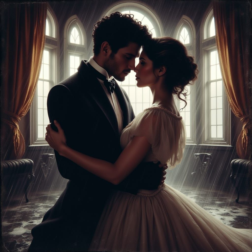 Rhett Butler and Scarlett Embrace in Storm, Dark Romanticism