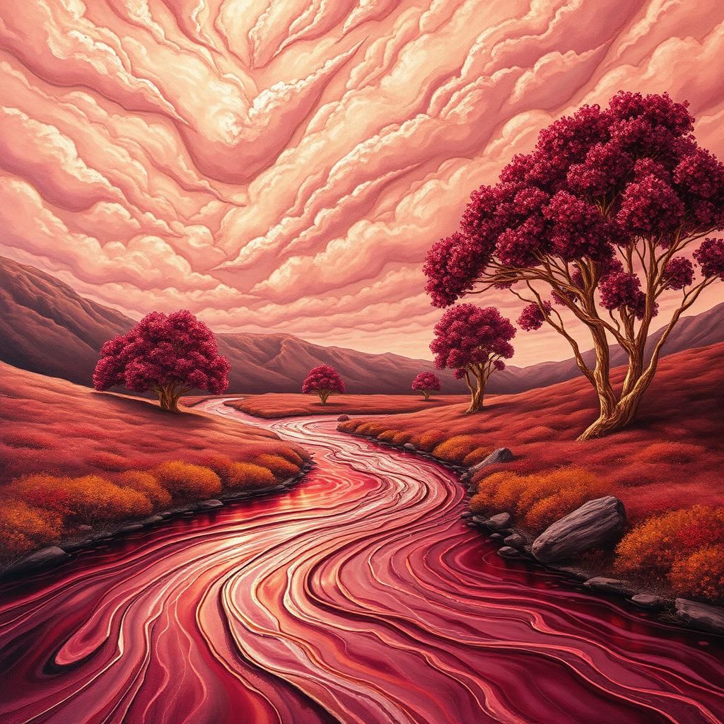 Surreal Wine River Landscape with Ruby Rain