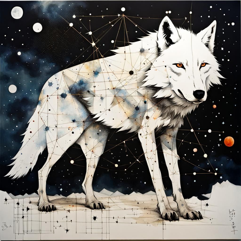 Cosmic White Wolf Constellation in Surreal Style