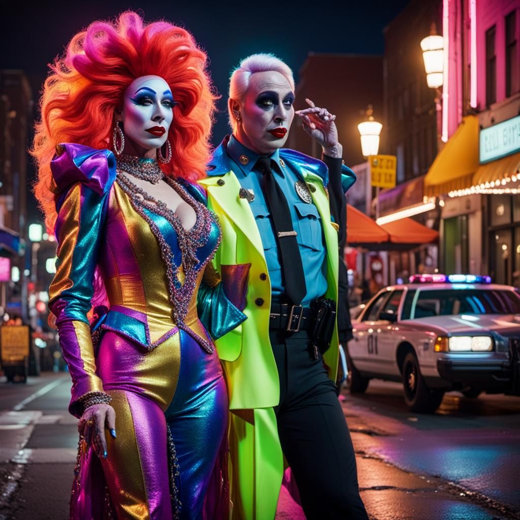 Drag Queen Cher and Clown Cop: Cinematic Street Scene