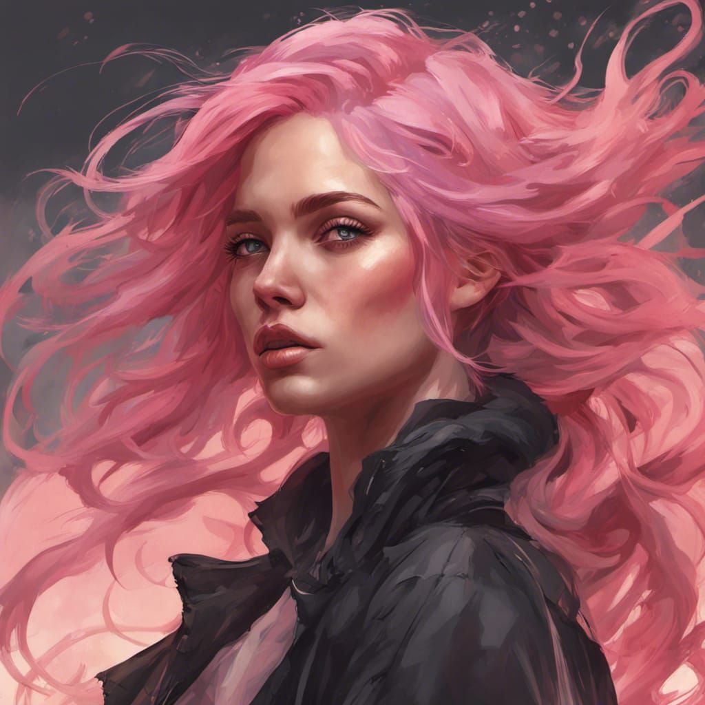 stunning woman with pink hair with black highlights blowing in the wind head and shoulders portrait, 8k resolution conce...