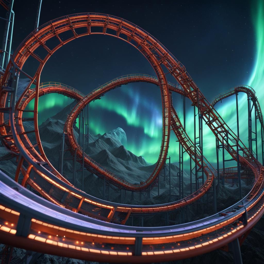 Space Roller Coaster with Northern Lights: Digital Art