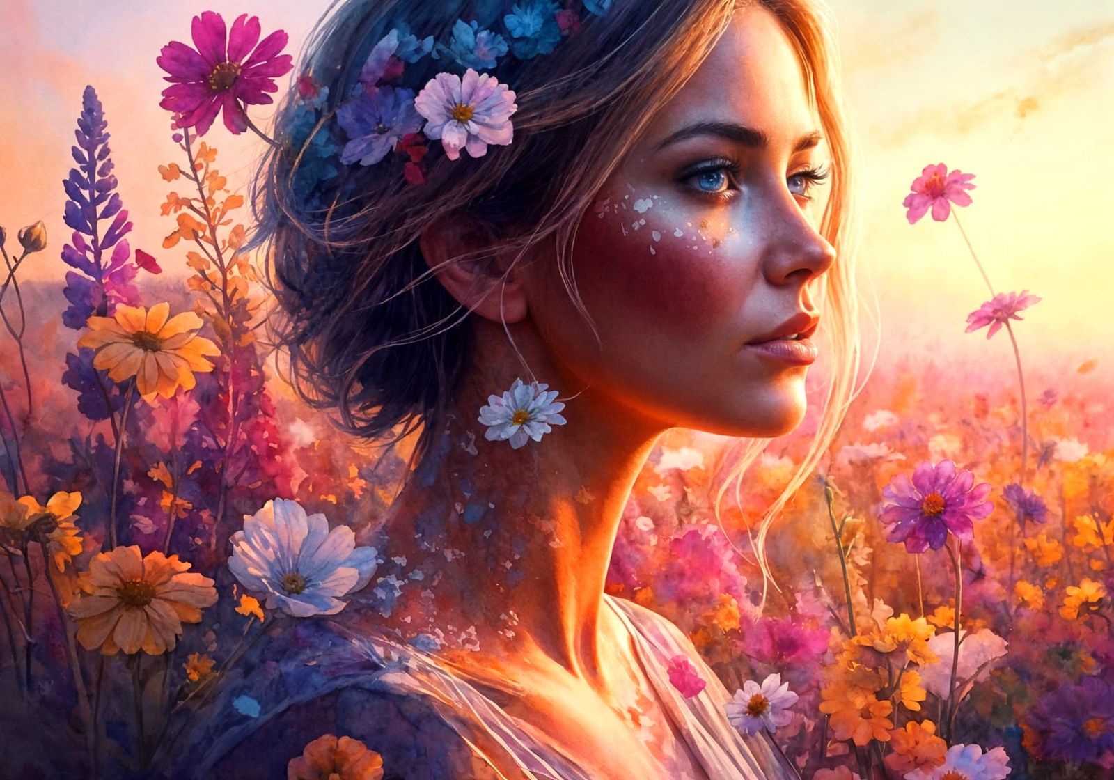 Watercolor Woman Portrait at Sunset