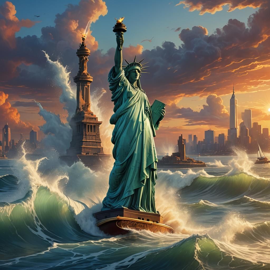 Statue of Liberty Rides Waves: Fantasy Art