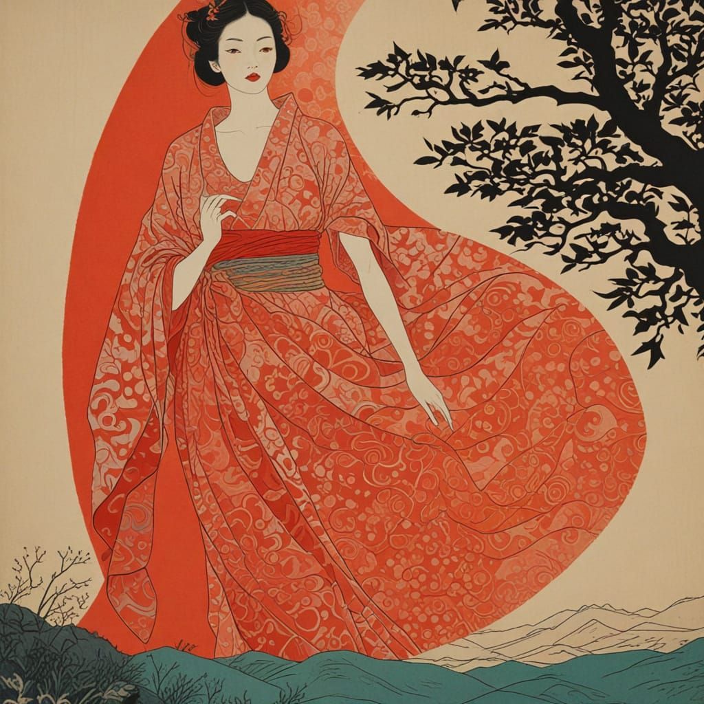 Surreal Ukiyo-e Scene of Contemporary Woman