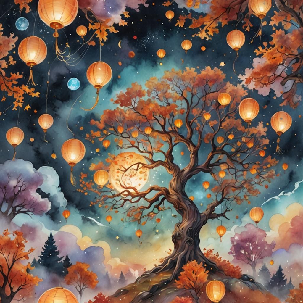 Cosmic Autumn Tree with Lanterns, Watercolor Art