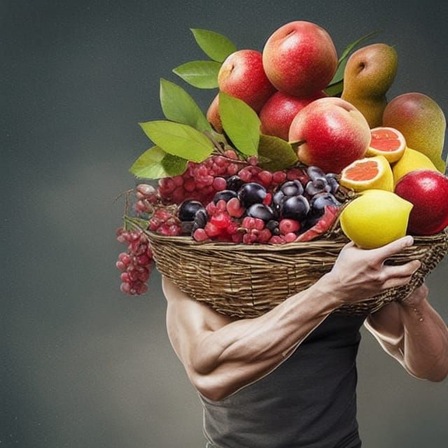 Muscular Man with Fruit Basket: Realistic Photography