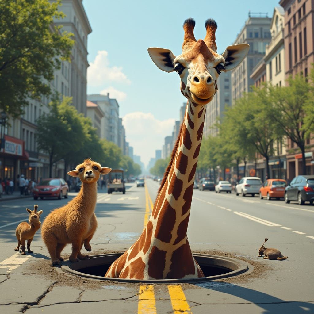 Surreal Giraffe Emerges from Street Manhole, Startling Onloo...