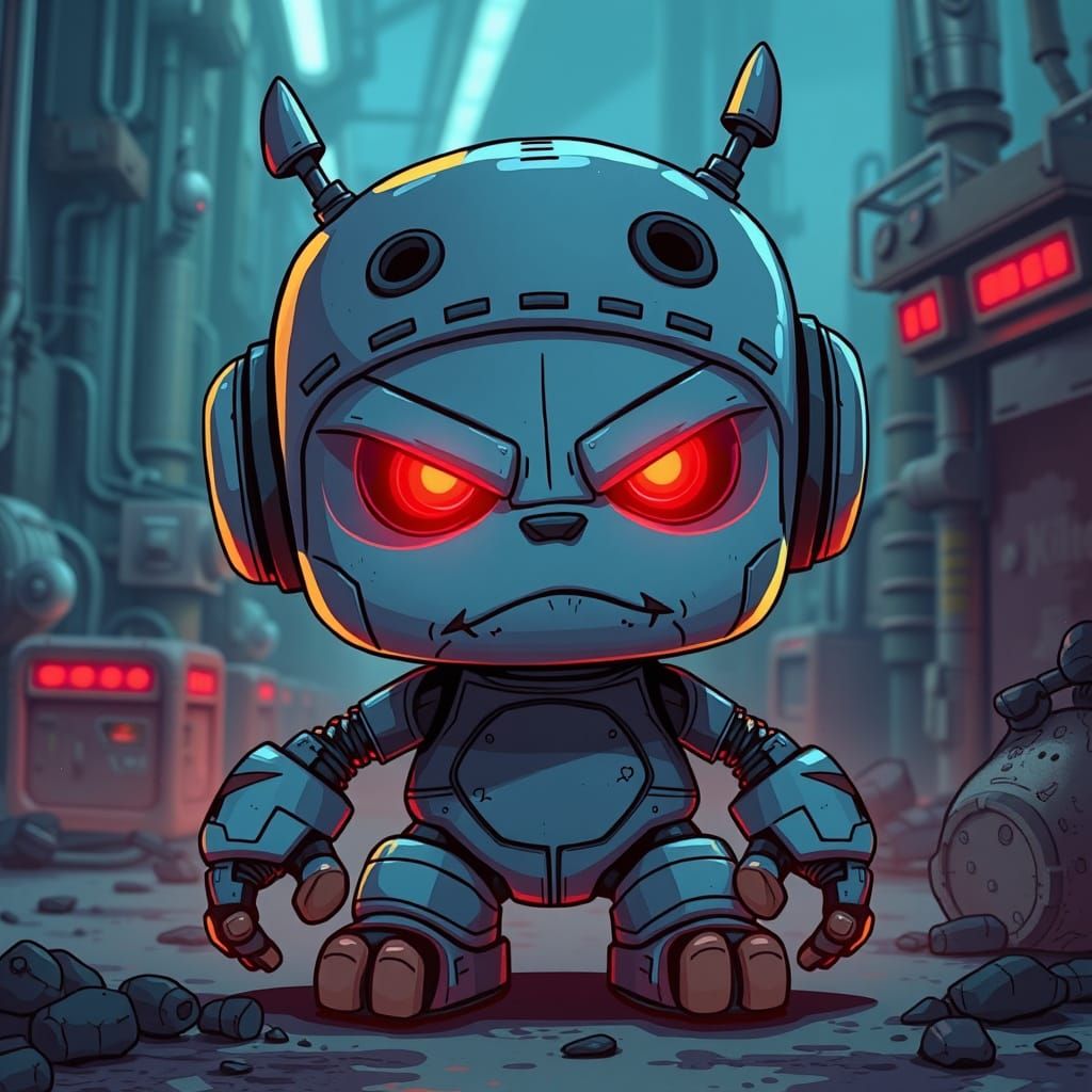 Angry Robot Plush Toy in Gritty Industrial Setting