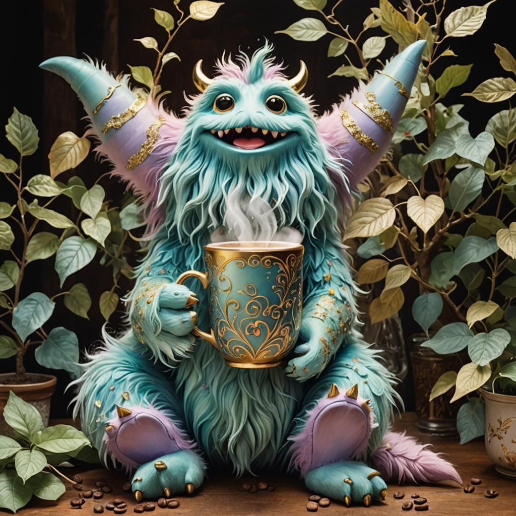 Monster Cradling Cup in Cozy Watercolor Scene