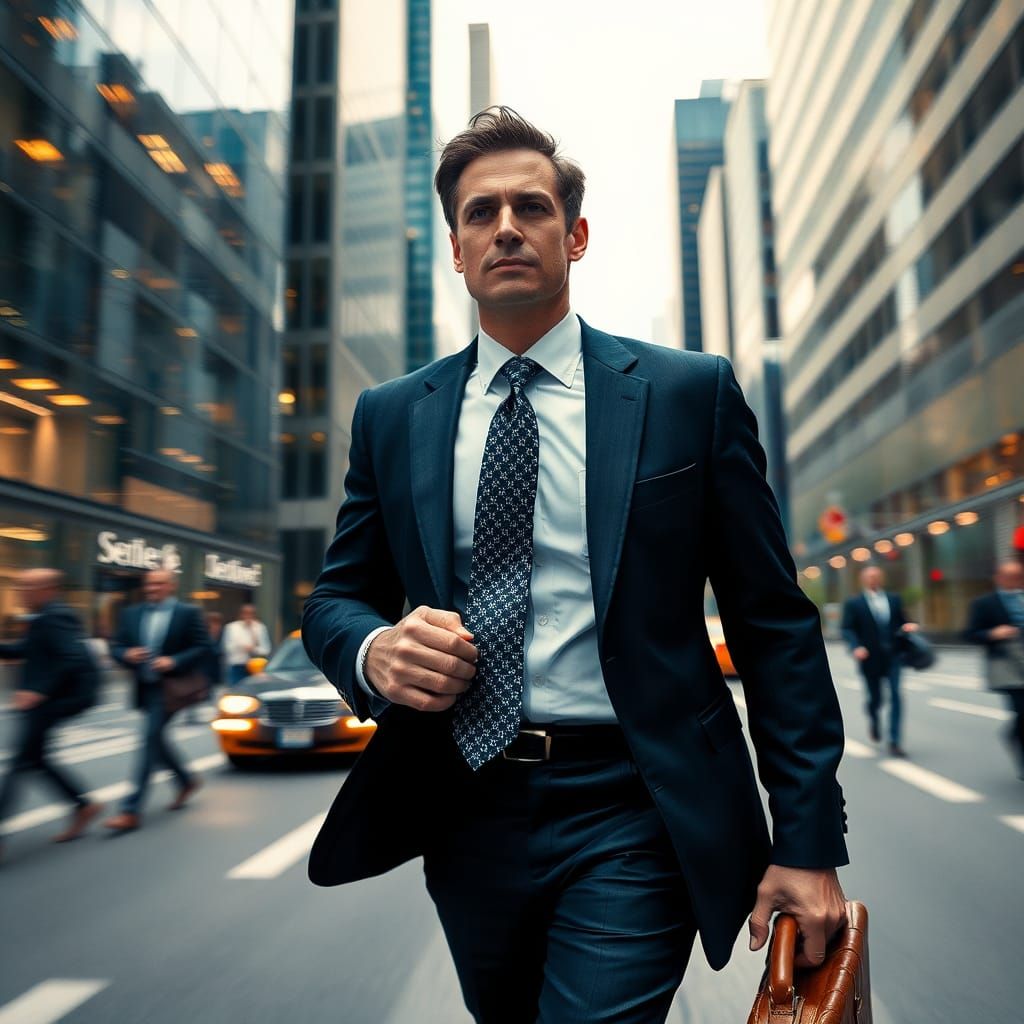 Businessman Rushing Through Futuristic Cityscape