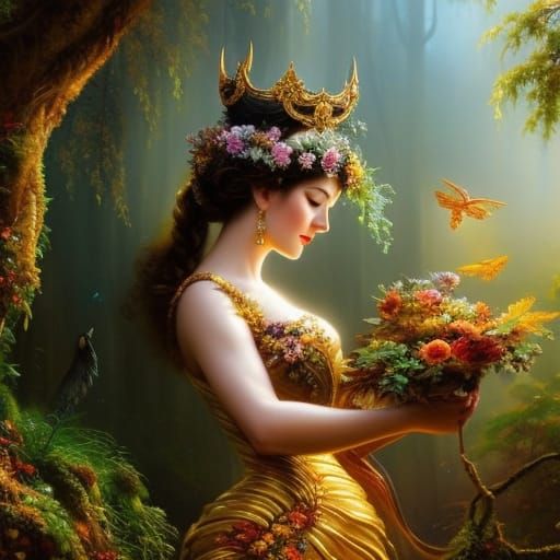 Animal Goddess with Autumnal Dress, Hyperdetailed Digital Ar...