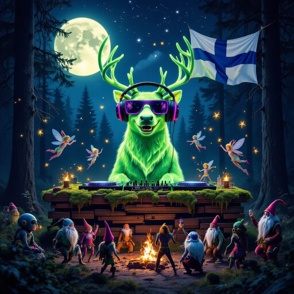 Psychedelic Finnish Forest Rave with Green Reindeer DJ
