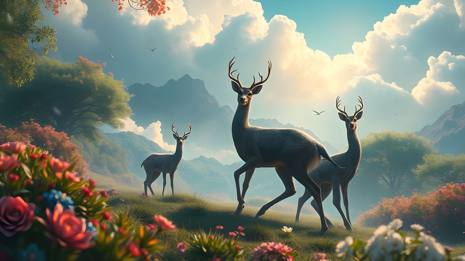 Majestic Peacock Deer in Ethereal Landscape