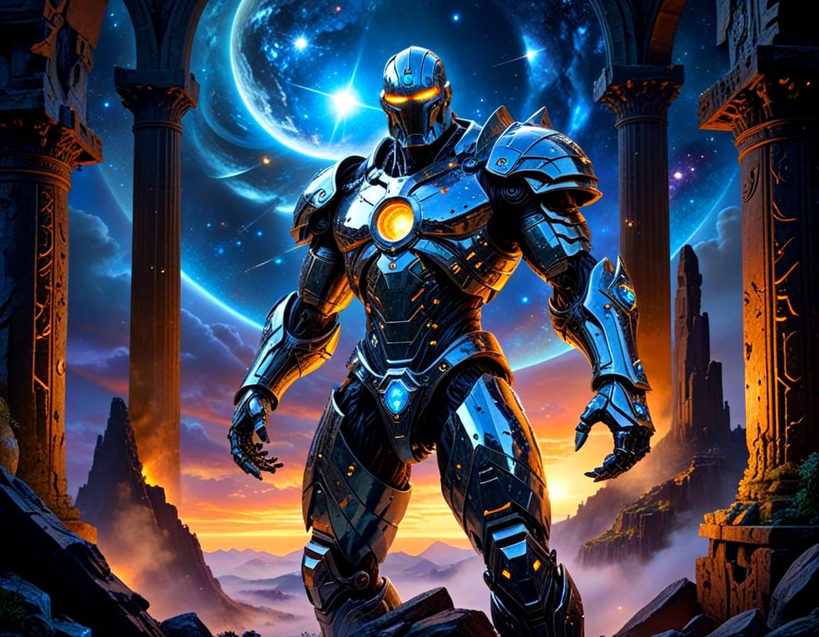 Surreal Chrome Golem Guardian in Cosmic Portal