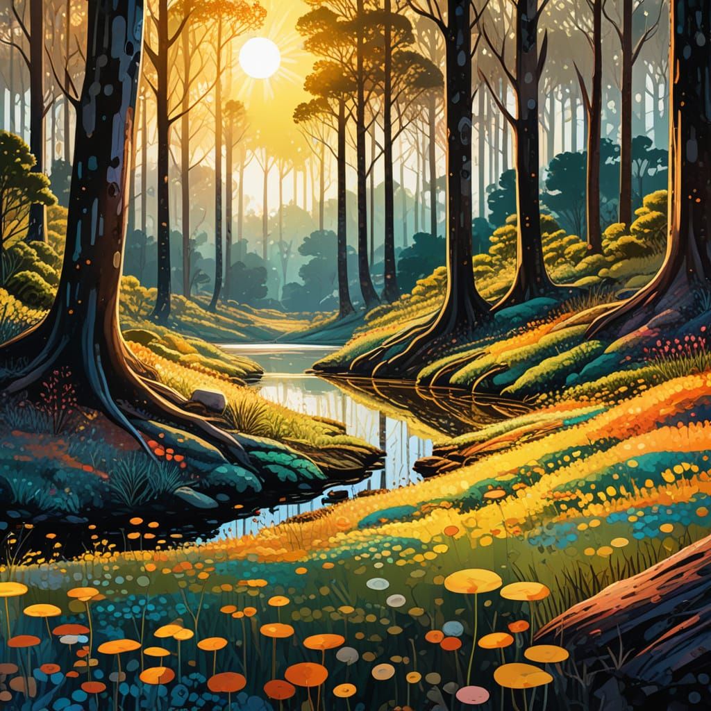 Vibrant Op Art Woodland Scene in Watercolour Impressionism S...