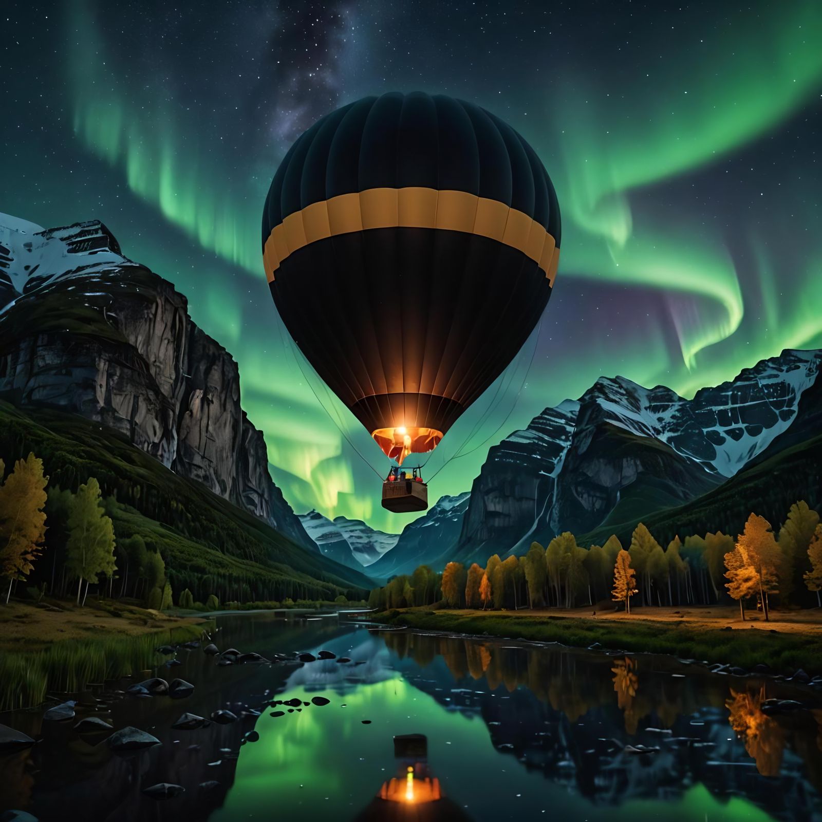 Iridescent Hot Air Balloon Under Northern Lights
