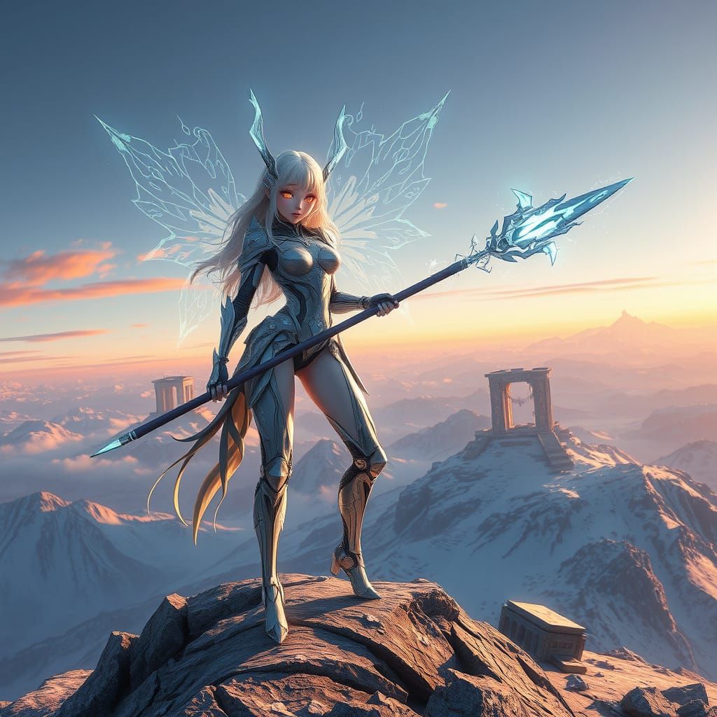 Cybernetic Fairy Warrior on Windswept Peak