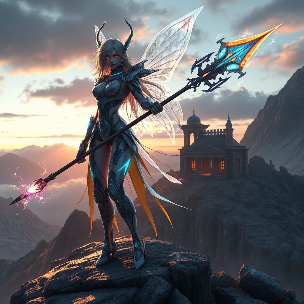 Cybernetic Faerie Warrior on Windswept Peak: 3D Anime Art