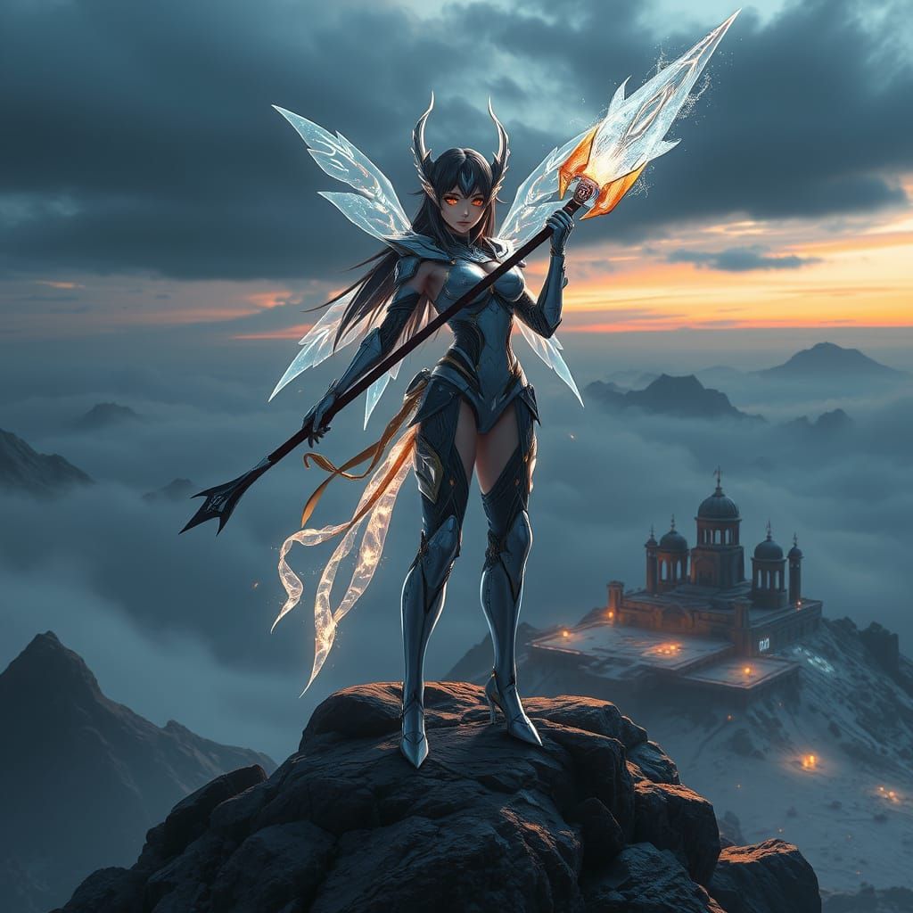 Cybernetic Faerie Warrior on Windswept Peak in Anime Style