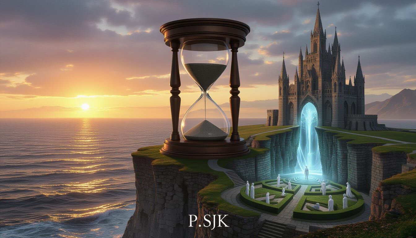 Hourglass Castle on Cliff Above Stormy Sea at Sunset