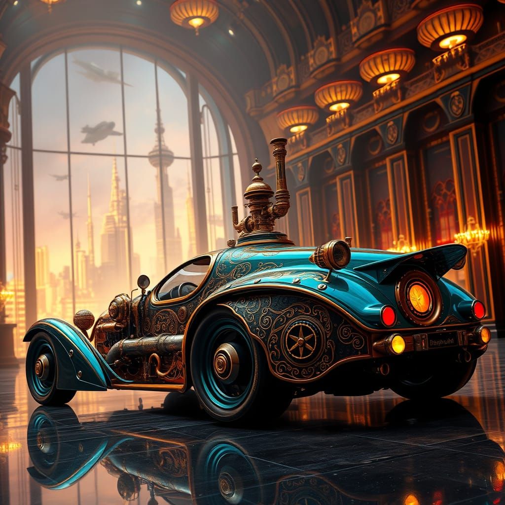 Steam-Powered Fantasy Car in a Futuristic Cityscape