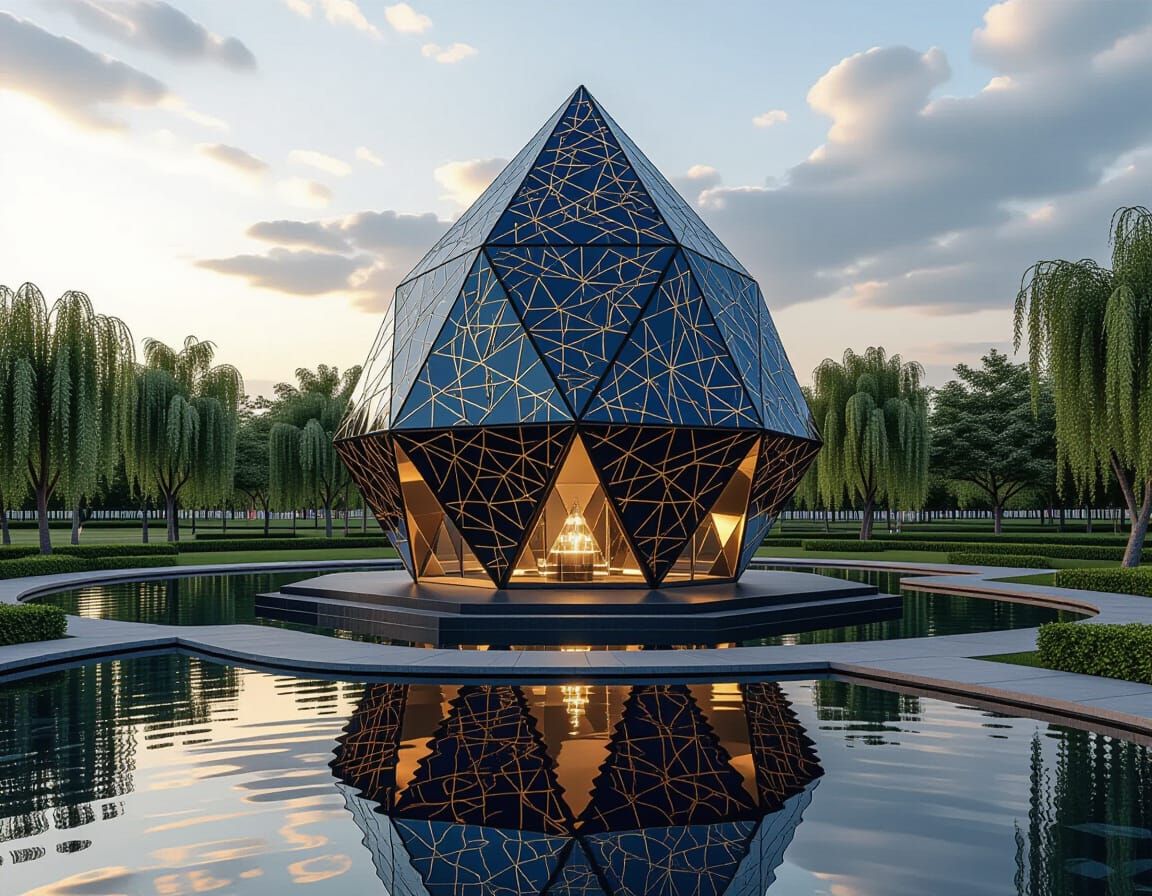 Crystal House with Gold Patterns & Willow Trees