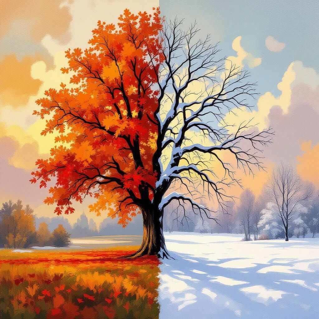 Tree in Autumn and Winter, Impressionist Style