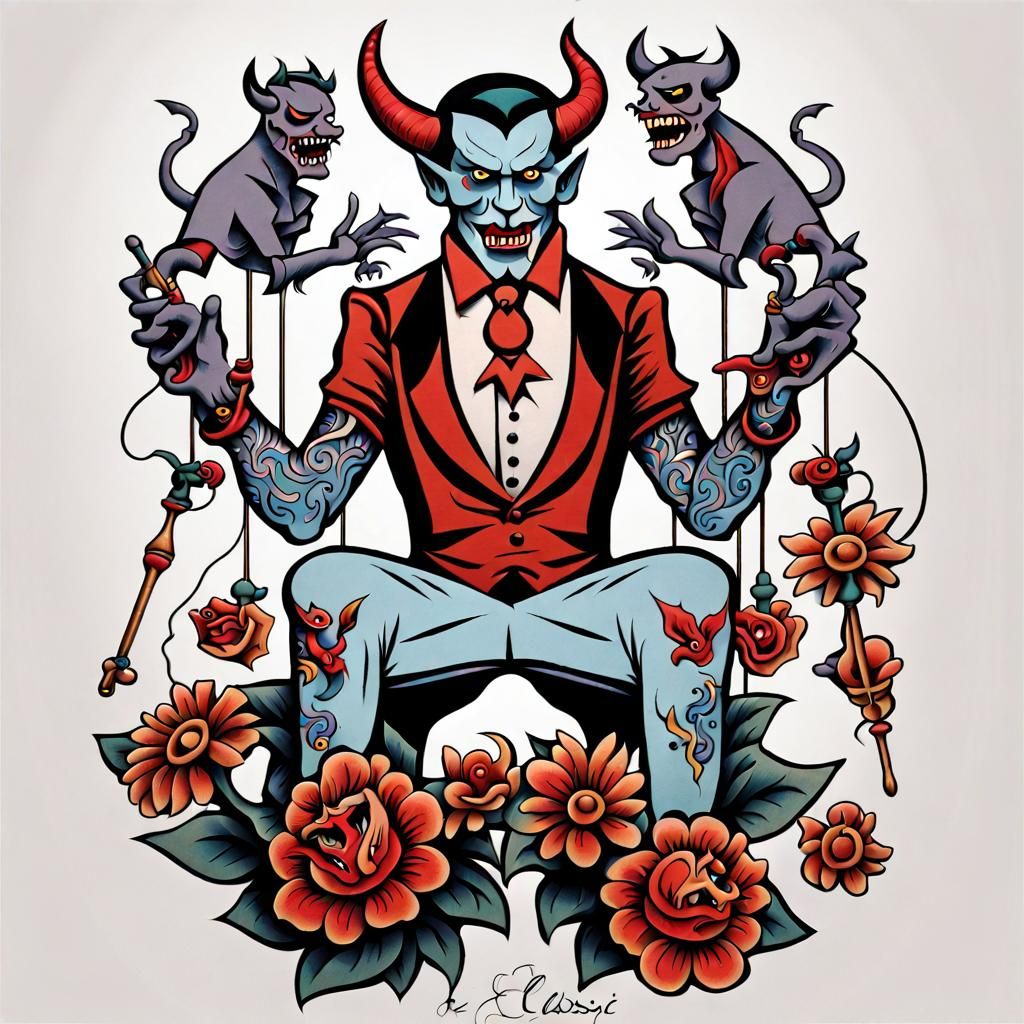 Devil Puppeteer with Demon Marionettes Tattoo Design