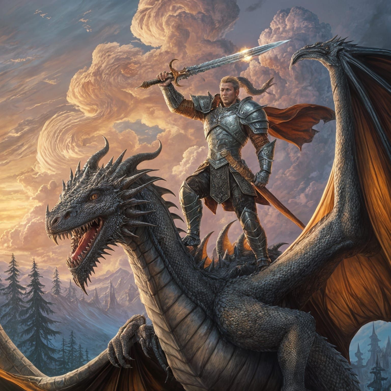 Dragon Slayer Triumphant in Surreal Impressionistic Landscap...