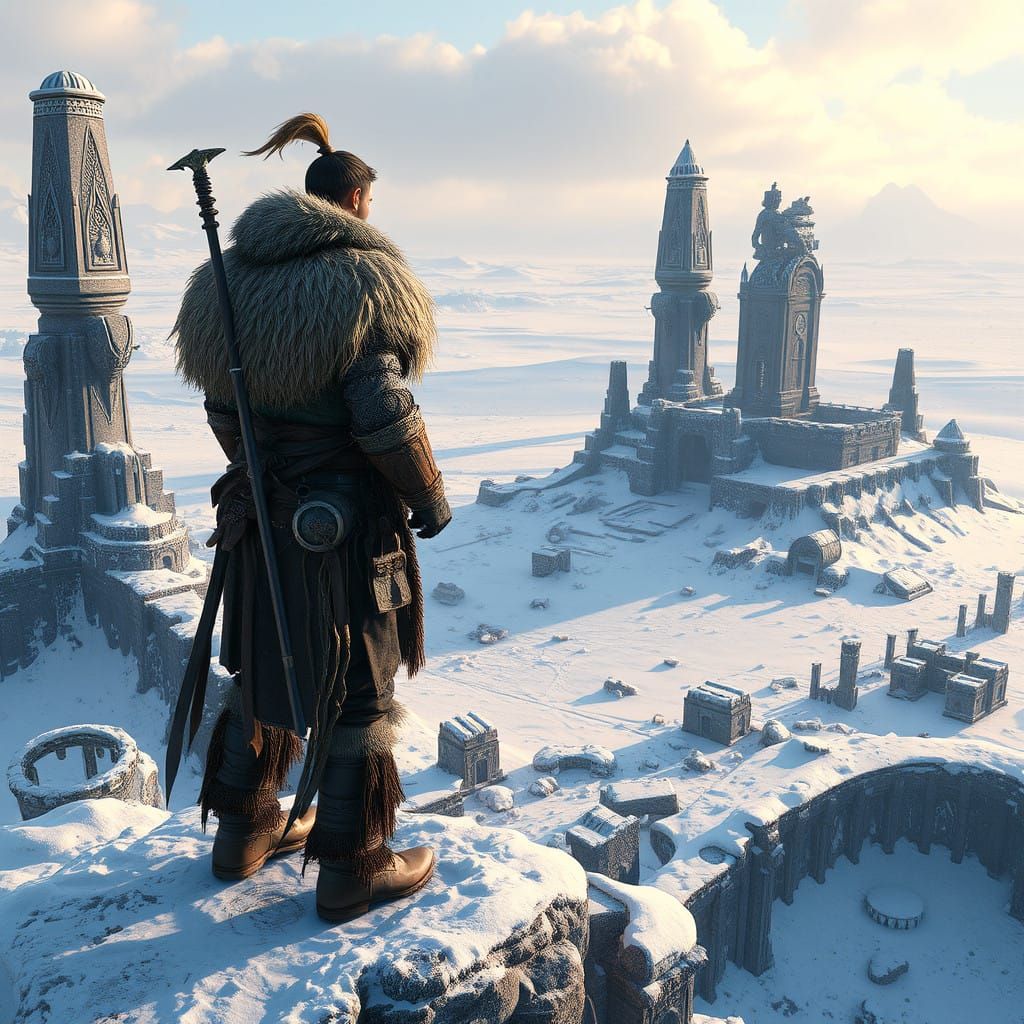 Ancient Hyperborean Warrior Stands Vigilant Amidst Frozen Ru...