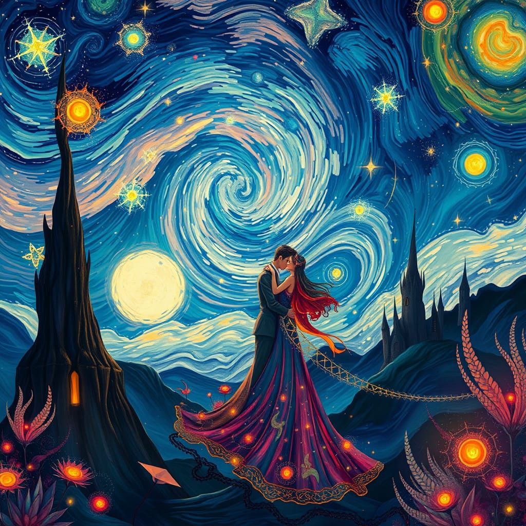 Celestial Whimsy: A Starry Night Couple in Fantasy Landscape