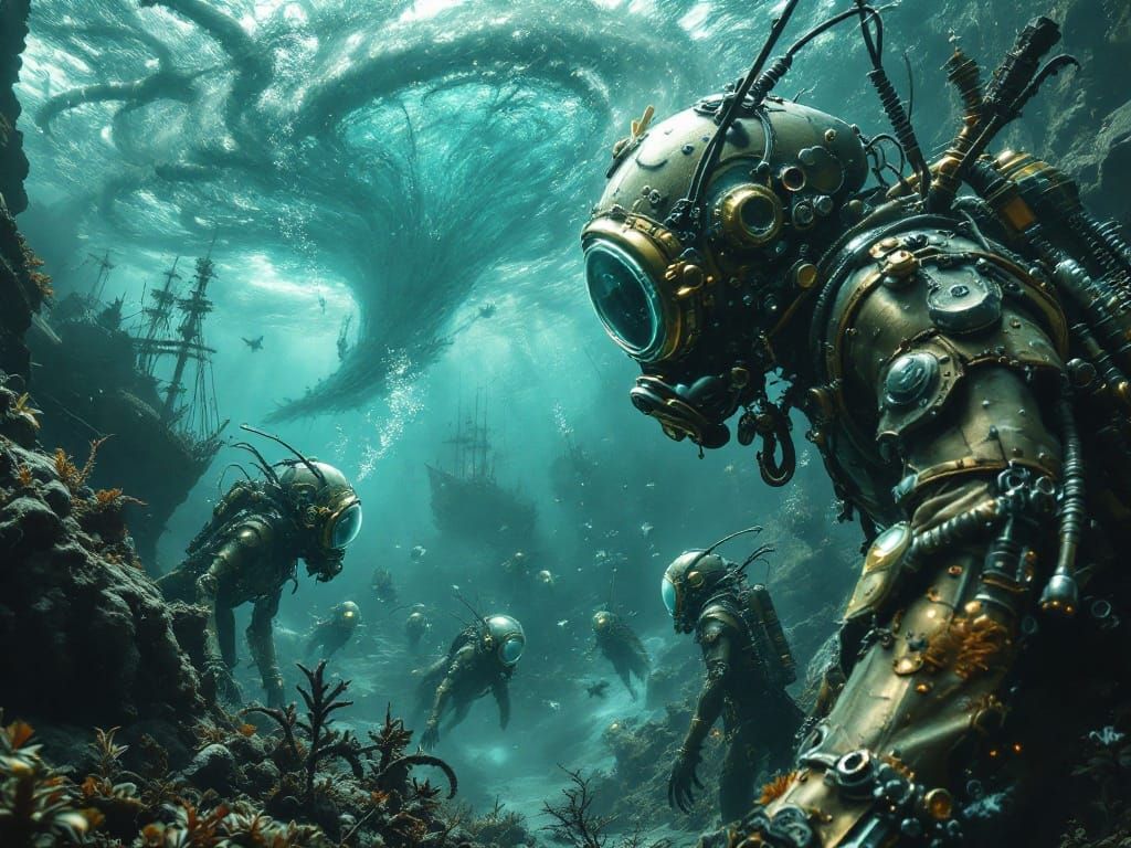 Steampunk Amphibians Amidst Cosmic Tornado in Underwater Shi...