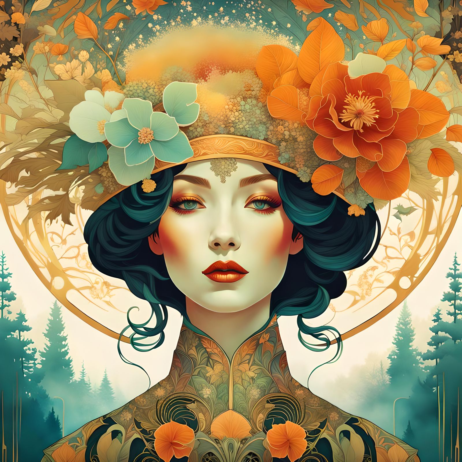 Winter and Spring Face in Art Nouveau Style